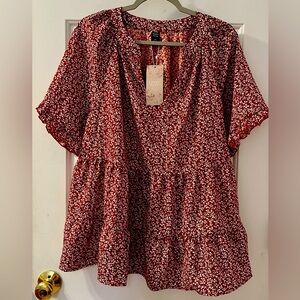NWT Emery Rose Tiered Top Brick Red with Cream Floral Feminine Fall Size 1XL